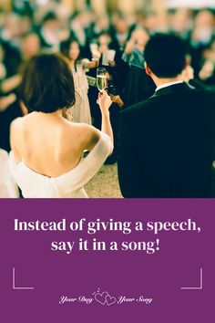 a man and woman sitting at a table with wine glasses in front of them, saying instead of giving a speech, say it in a song