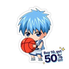 an anime character with blue hair holding a basketball ball and the text buy 10 get 50 % off