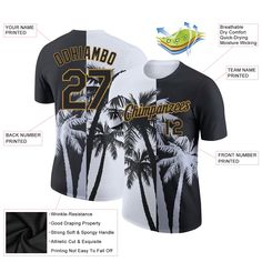 Custom White Black-Old Gold 3D Pattern Design Hawaii Coconut Trees Performance T-Shirt Jersey Sublimation Design For Sports Events, Black Sublimation T-shirt For Team Events, Black Sublimation Design T-shirt For Team Events, Sports T-shirt With Sublimation Print And Crew Neck, Black T-shirt With Sublimation Print For Team Spirit, Black Custom Print T-shirt For Sports, Customizable White Sporty T-shirt, Customizable Jersey Sports T-shirt, Customizable Sports Jersey T-shirt