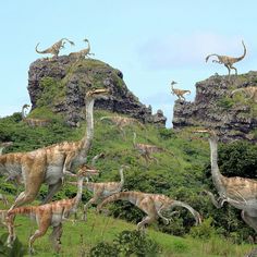 a herd of dinosaurs walking across a lush green field next to a tall rock formation