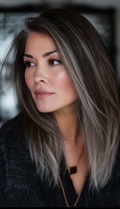 Hiding In The Shadows, Gray Blending, Gray Balayage, Rambut Brunette, Grey Hair Transformation, Grey Hair Inspiration, Silver Highlights, Black Hair With Highlights, Dark Hair With Highlights