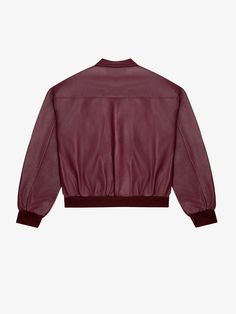 Leather bomber jacket, classic collar, detailed gold zipper pockets, burgundy matte engraved snap buttons closure, chest pocket at inside with button closure, and gold logo pin at front. -Body: 100% Leather -Lining: Padded Satin -Color: Cabernet -Boxy / Oversized Fit -Model is 6'1'' / 185cm and wears M -Care: Leather specialist only -Made in Turkey Luxury Burgundy Outerwear For Fall, Classic Leather Varsity Jacket, Classic Burgundy Leather Jacket With Long Sleeves, Classic Burgundy Leather Outerwear, Classic Burgundy Leather Jacket For Fall, Classic Burgundy Leather Jacket, Logo Pin, Leopard Print Shoes, Pin Logo