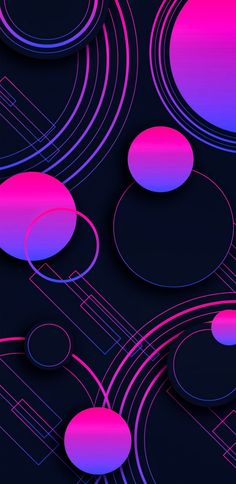 an abstract background with circles and lines in pink and purple colors on a dark blue background