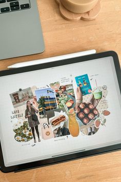 a tablet computer sitting on top of a wooden desk next to a cup of coffee