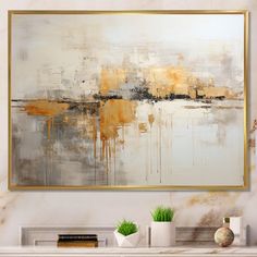 an abstract painting hangs on the wall above a fireplace