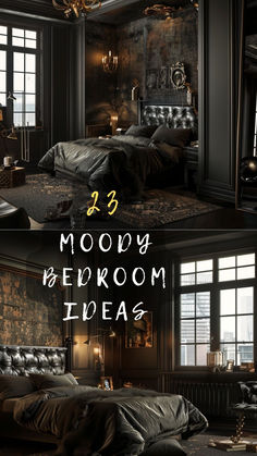 there are two pictures of a bedroom with black walls and leather furniture in the same room