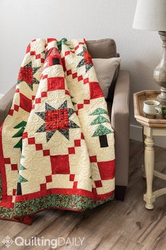 a living room with a couch, chair and christmas tree quilt