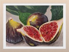 a painting of figs with leaves and one cut in half