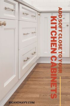 the kitchen cabinets are all white and have red lettering that reads, kitchen cabinet doors closed or not