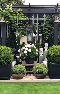 an outdoor garden with potted plants and flowers