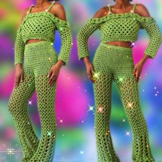 a woman wearing green crochet pants and off the shoulder crop top with matching heels