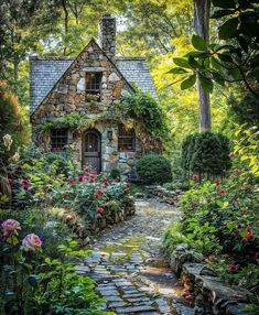 an old stone house surrounded by flowers and greenery in the middle of a forest