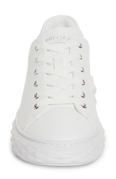 A lightweight platform wedge textured to resemble the facets of a cut diamond give this whiteout sneaker an elevated boost. Removable insole Lace-up style Leather upper and lining/rubber sole Made in Italy Designer Shoes Luxury White Platform Sneakers With Textured Sole, White Low-top Wedge Sneakers With Lug Sole, White Platform Sneakers With Lug Sole, Luxury Low-top Sneakers With Lug Sole, White Low-top Wedge Sneakers With Boost Midsole, Diamond Lighting, Platform Sneaker, Platform Wedge, White White