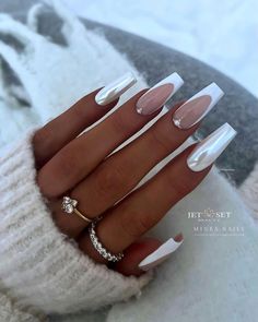 Silky look 🩶🤍🩶🤍 ————————————————————————— Products used: • Color Gel ”Premium White” • Cover Gel Ivory Glow • Polarlight Pigment ”Angel… | Instagram White Acrylic Nails, Nails Only, Pink Acrylic Nails, Pretty Acrylic Nails, Fancy Nails, Dope Nails