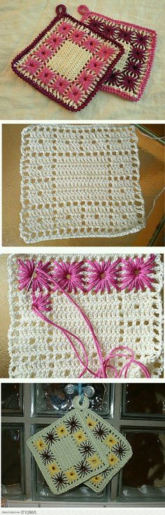 crocheted placemats are shown in three different colors and patterns, one is pink, the other is white