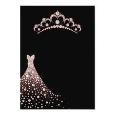 a tiara and dress on display in front of a black background with white dots