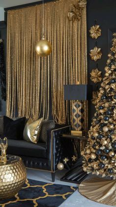 a living room decorated in gold and black