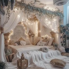 a white bed with lots of lights on it