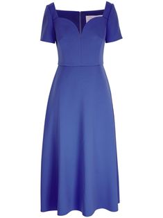 blue sweetheart neck fitted waistline short sleeves concealed rear zip fastening flared skirt mid-length Blue V-neck Midi Dress With Fitted Bodice, Chic Blue Midi Dress With Sweetheart Neckline, Blue Midi Dress With Fitted Bodice, Fitted Midi Dress With Flattering Cut And Short Sleeves, Blue Fitted Bodice Midi Dress For Work, Blue Midi Dress With Fitted Bodice For Work, Blue Midi Dress With Fitted Bodice And Short Sleeves, Blue Fitted Midi Dress For Work, Short Sleeve Dress With Fitted Bodice And Flattering Silhouette