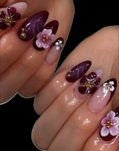 Red Dark Nails Design, Berry Almond Nails, Nails With Lilies, Fall Nails With 3d Flowers, Oval Acrylic Nails Designs Fall, Flower Aura Nails, Black Builder Gel Nails, French Tip Nail With Flower, Dark Purple Jelly Nails