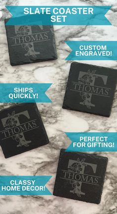 four coasters with the names of different types of coasters on them, labeled in blue and black