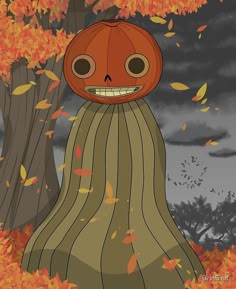 a pumpkin sitting on top of a tree stump in front of some leaves and trees