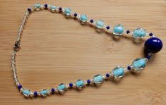 Blue Crystal Necklaces With Round Glass Beads, Blue Round Beaded Glass Crystal Necklace, Blue Glass Crystal Necklace With Round Beads, Vintage Blue Beaded Necklace, Vintage Blue Round Beaded Necklace, Blue Round Glass Beaded Necklace, Vintage Art Deco Necklace, Art Deco Necklace, Necklace Blue