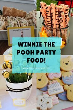 winnie the pooh party food is displayed on a table with cupcakes and cookies