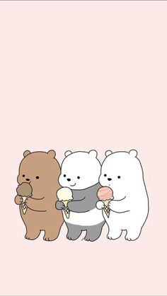 three polar bears eating ice cream and one holding an ice cream cone in its hand