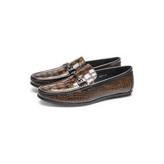 Introducing our exquisite Luxury Alligator Print Leather Penny Loafers, crafted with utmost precision to make a lasting impression wherever you go. Made from genuine leather, both the upper material and lining exude a sense of luxury and refinement, while the rubber insole and outsole provide excellent cushioning, support, and traction. Elevate your look and make a statement with every step you take by investing in quality, style, and sophistication with our must-have item number 08118. Brown Crocodile Pattern Slip-on Moccasins, Leather Moccasins With Crocodile Pattern, Brown Crocodile Pattern Loafers For Formal Occasions, Leather Moc Toe Loafers With Crocodile Pattern, Brown Crocodile Pattern Business Loafers, Elegant Brown Crocodile Pattern Loafers, Formal Brown Crocodile Pattern Moccasins, Classic Leather Loafers With Crocodile Pattern, Classic Brown Crocodile Pattern Loafers