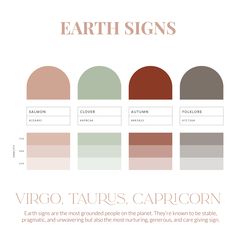 an info sheet with the names and colors of earth signs, virgo, taurus, capricorn