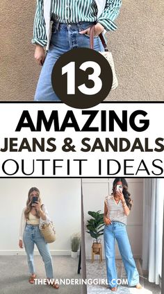 Save this pin for 13+ super cute outfits with jeans and sandals! If you want to wear flare jeans, mom jeans, blue jeans, bootcut jeans, white jeans, or wide leg jeans with sandals, then you'll love these ideas. Tap to learn more on how to style jeans with sandals! Strap Sandals Outfit, How To Wear Wide Leg Jeans, Light Jeans Outfit, Blue Jeans Bootcut