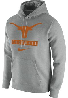 Put your Longhorns spirit on display in this Texas Longhorns Long Sleeve Hoodie! You'll be cozy on game day in this Texas Mens Grey Club Fleece Football Hooded Sweatshirt. This Longhorns Long Sleeve Hoodie features a screen print of Longhorn logo over "Football" on front chest. Wear your Texas Longhorns spirit with pride in this great Mens Hooded Sweatshirt! Screen print graphic on center chest, Comfy cotton/poly blend, Drawcord on hood, Kangaroo pocket, Ribbing at wrist cuffs, Unisex, Fit: True Game Day Fleece Hoodie For Fall, Fleece Hoodie For Game Day In Fall, Team-colored Fall Hoodie With Team Logo, Fall Season Fan Gear Hoodie, Team Logo Hoodie For Game Day In Fall, Team Spirit Hoodie For Fall Fan Gear, Team Spirit Fan Gear Hoodie For Fall, Fall Team Spirit Hoodie Fan Gear, Team Logo Hoodie For Fall Fan Apparel