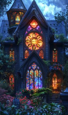 an image of a gothic house with stained glass windows