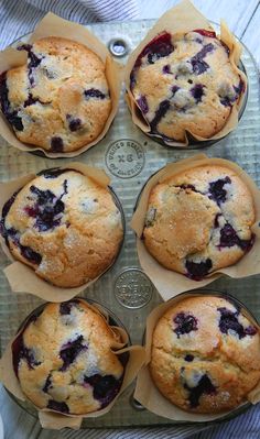 six blueberry muffins sitting on top of a pan