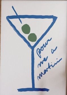 a drawing of a martini glass with olives on the rim in blue and green ink