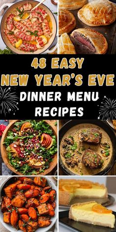 New Year’s Eve Easy Dinner Ideas New Year’s Eve Fancy Dinner, Nye Meal Ideas, Nye Menu Ideas Dinner Parties, New Years Dinner Recipes, New Year Recipes Dinners, New Years Meals Traditional, New Years Dinner Ideas Meals