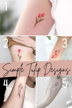 four different types of tattoos with flowers on their arm and wrist, one for the woman's hand