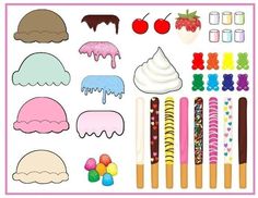 an assortment of ice creams, candy and candies on a white background with pink border