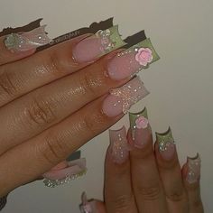 There's a new beauty trend taking over Instagram and it's absolutely stunning. Say hello to "quartz nails". Hunter Green And Pink Nails, Pink With Green Nails, Pink And Green Square Nails, Pink And Green Nails Design Color Combos, Fairy Purple Nails, Nature Theme Nails, Green Sweet 16 Nails, Enchanted Forest Theme Nails, Sweet 16 Nails Short