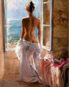 a painting of a woman standing in front of a window looking out at the ocean