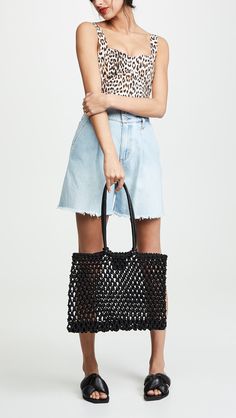 Clare V. Sandy Tote | Shopbop Chic Everyday Crochet Bag With Open Weave, Casual Crochet Leather Tote Bag, Casual Crochet Tote Bag With Woven Leather, Casual Crochet Leather Woven Tote Bag, Casual Woven Leather Crochet Tote Bag, Casual Crochet Bag With Woven Leather And Double Handle, Chic Open Weave Crochet Tote Bag, Spring Shopping Black Crochet Bag, Shopping Crochet Bag With Open Weave