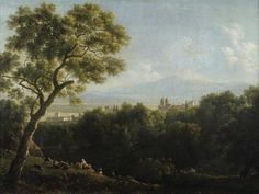 an image of a painting with animals in the foreground and trees on the far side