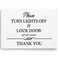 a white thank card with the words, please turn lights off and lock door as you leave