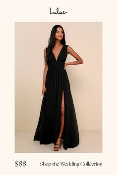 You'll be goddess-like for the entire evening in the Lulus Heavenly Hues Black Maxi Dress! Airy woven chiffon drapes alongside a V-neck and back, and lays across a banded waist. Full maxi skirt has a sexy side slit. Hidden back zipper with clasp. Fit: This garment fits true to size. Length: Floor length. Size medium measures 61.5" from shoulder to hem. Bust: Great for any cup size. Waist: Fitted - very fitted at natural waist. Hip: Not Fitted - room for hips. Undergarments: May be worn with peta Black Bridesmaid Dresses Long, Bridesmaid Dresses Boho, Black Attire, Full Maxi Skirt, Formal Dresses Gowns, Black Bridesmaid Dresses, Long Bridesmaid Dress, Black Wedding Dresses, Black Maxi