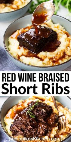 Pouring gravy over braised short rib and mashed potatoes in a blue bowl. Short Ribs In Dutch Oven, Ribs In Dutch Oven, Dutch Oven Ribs