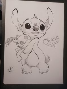 a drawing of stitchy holding a teddy bear with the word chana written on it