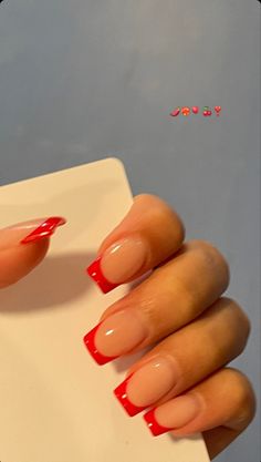 Red French Acrylic Nails Square, Nail Ideas Acrylic Square Medium, Acrylic Nails Tips Color, Red French Coffin, Medium Square Acrylic Nails French Tips, Bright Square Nails, Red French Tip Square, Square Red French Tip Nails, Shirt Acrylic Nails