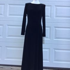 Stretchy Black Velvet, Princess Seams, Flared Skirt. Simple Elegance! Invisible Zipper . Approx Measurements Lying Flat Pit-Pit 16.5", Across Waist 14.5" Length Shoulder To Hem 51" Sleeve 24". Maxi Dress Holiday, Chic Black Velvet V-neck Dress, Holiday Maxi Dress, Princess Seams, Princess Seam, Flared Skirt, Simple Elegance, Invisible Zipper, Flare Skirt