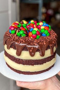 a person holding a cake with chocolate frosting and candy toppings on top,